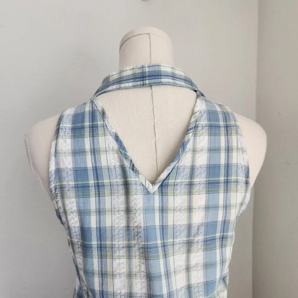 Vintage Y2K Faded Glory Blue White Plaid Sleeveless Button Down Top S Cottage - Picture 4 of 9